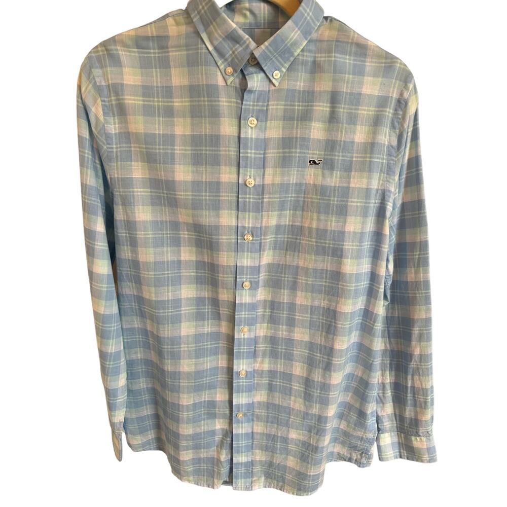 Vineyard Vines linen whale shirt button up plaid boys size  XL/16 EUC